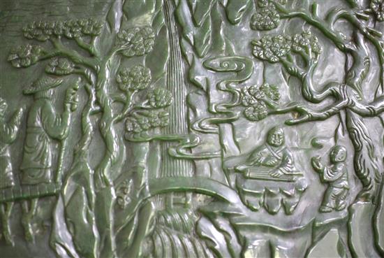 A large Chinese spinach green jade and wood table screen panel, 20th century, total size including wood frame 67 x 53cm, stand lacking